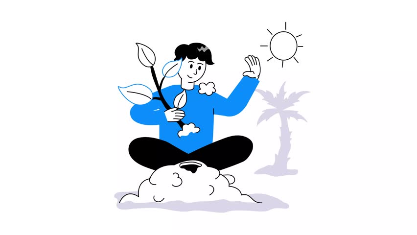 A boy sitting on soil and holding plant, protection from heat, heat protection vector animated illustration