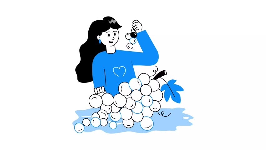 A young girl enjoying fresh grapes, favorite fruit vector animated illustration