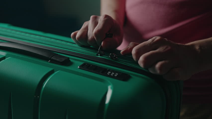 Hands zipping modern green suitcase, securing luggage in preparation for upcoming journey, holiday, business travel, close-up. Concept of travel organization. Shooting in slow motion.