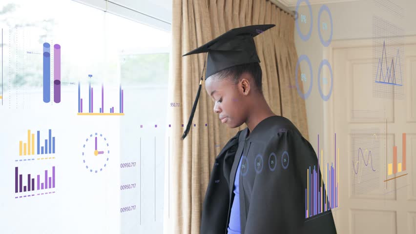 Woman adjusting tassel, man entering frame and hugging, charts overlaying, celebrating graduation. Grad, cap, gown, duo, window, infographics, data