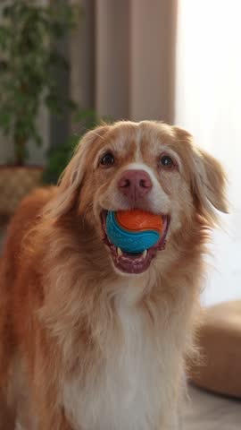 A Nova Scotia Duck Tolling Retriever dog holds a blue ball in mouth indoors. The scene shows playful energy and interaction.