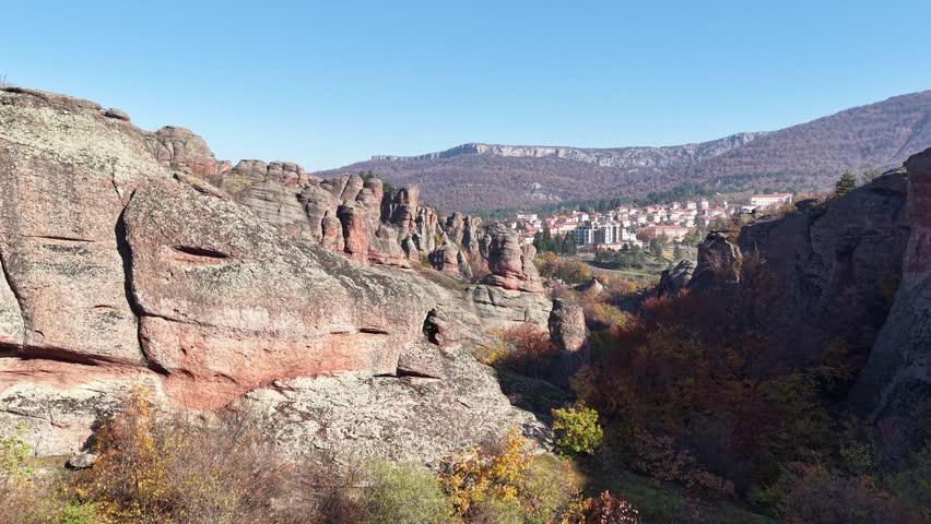 Drone View of Rock Towers Above Autumn Ravine