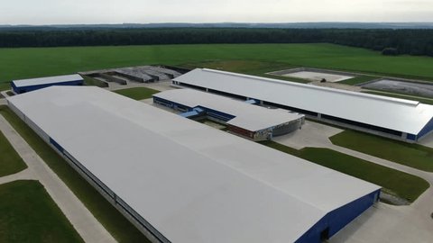 Drone Rising above Large Farm Buildings Fields