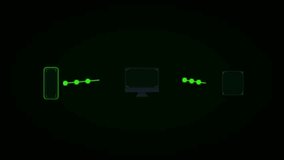 A green glowing HUD interface showing data synchronization across a smartphone desktop monitor and tablet on a dark background - Powered by Shutterstock - Get 15% off with code: PIKWIZARD15