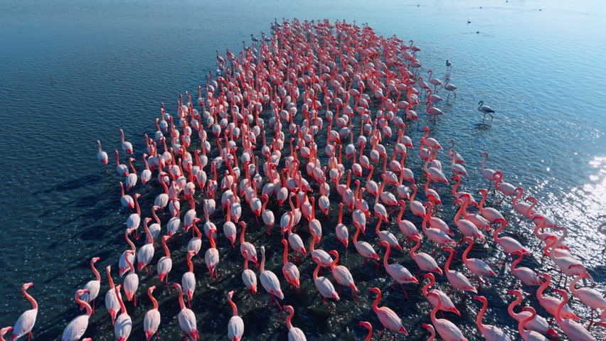 Large flamingo colony wading in shimmering shallow water. High angle view of pink and grey flamingos in water with bright sunlight reflections on the surface.