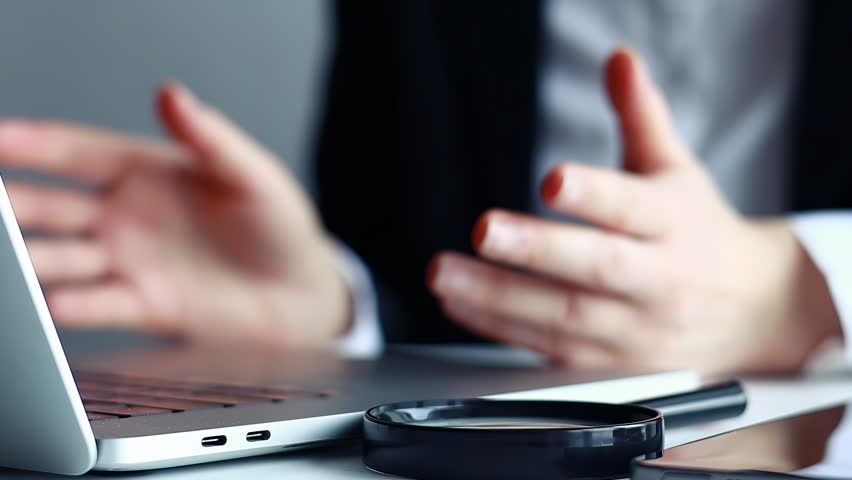 Business person discusses email notifications and alerts on laptop during work hours in a modern office setting.