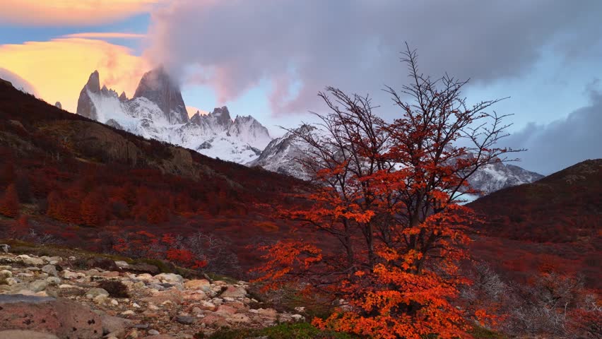 Scenic morning near mount Fitz Roy in autumn, red autumn foliage in the mountains in Patagonia, Argentina, iconic Fitz Roy mountain peak in Argentina
