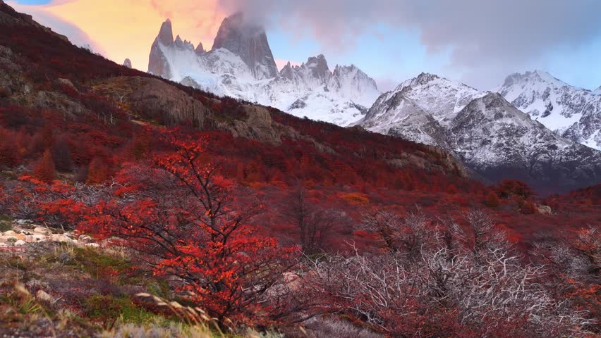 autumn sunrise at Mount Fitz Roy, Patagonia. Iconic Fitz Roy mountain with autumn forest with bright fall colours, majestic landscape in South America, national park in Argentina