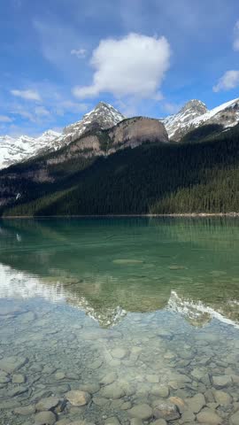 Lake Louise reflecting snow capped rocky mountains in Banff National Park, Canada