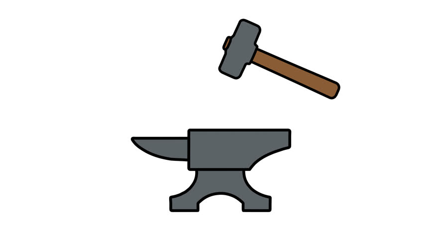 Cartoon hammer hits a blacksmith anvil in seamless loop with alpha channel