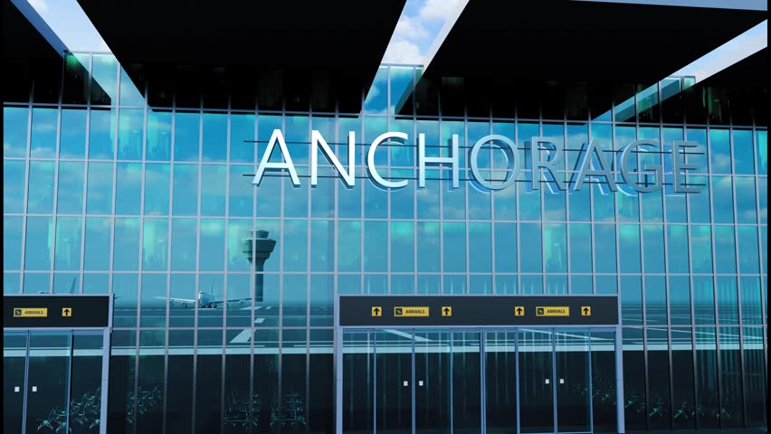 Airlane landing at Anchorage. Arrival in the city with reflection of airport and aircraft