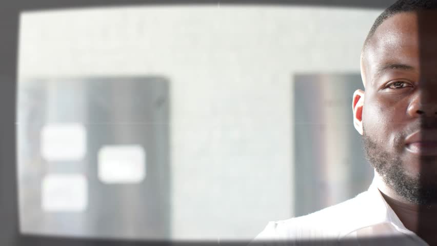 System activating HUD, tech panels sliding in, marking TARGET for data review, man smiling. Interface, dashboard, cards, office, modern, technology, professional
