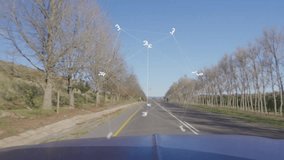 Dashcam recording rural road as engine starting and AR overlay nodes drifting above for driver aid. Camera, augmented reality, navigation, telematics, tree-lined, countryside, sunlit - Powered by Shutterstock - Get 15% off with code: PIKWIZARD15