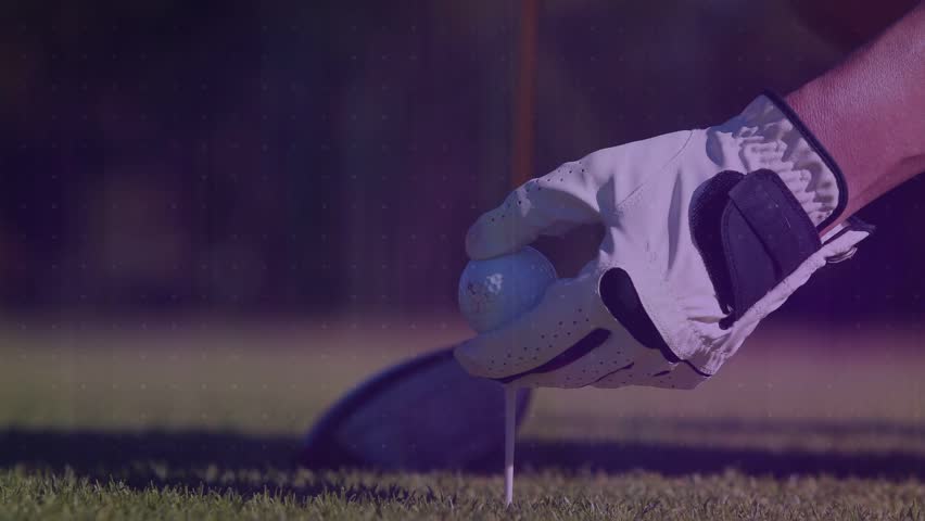 Gloved hand placing golf ball on tee, driver swinging as rising data bars tracking shot metrics. Macro, closeup, dusk, forearm, glove, club, grass