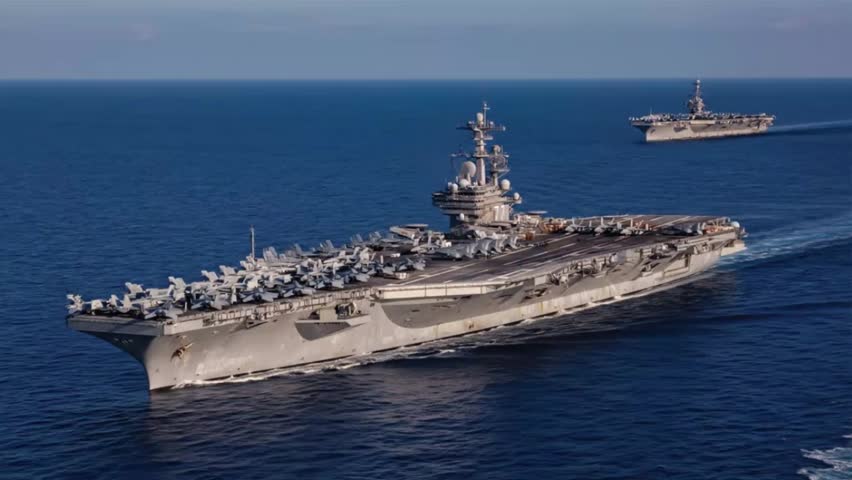Aircraft Carrier Docked at Naval Base With Full Deck.