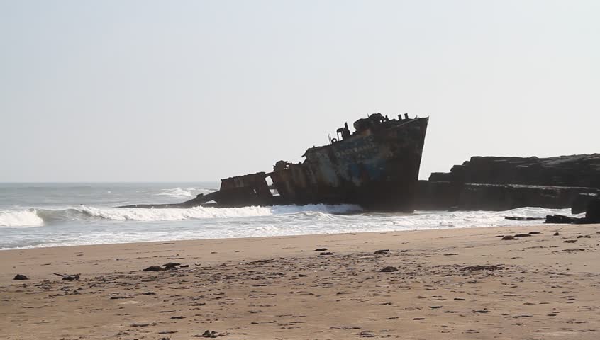 A wide shot of an old shipwreck on the Transkei coast South Africa 