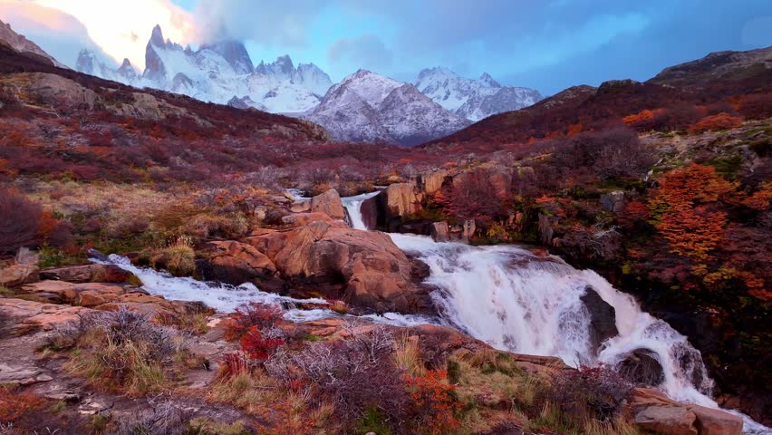 Colourful autumn hiking in Patagonia near mount Fitz Roy, Los Glaciares national park in Patagonia, South America, iconic Mount Fitz Roy in Argentina in the fall, autumn in Patagonia. High quality 4k footage