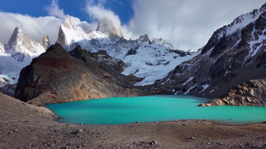 Hiking at mount Fitz Roy with lake Laguna de Los Tres in Patagonia, El Chalten, Argentina, tourist landmark in Patagonia, South America
