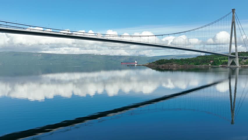 Aerial shot of the Halogaland Suspension Bridge near the town of Narvik in Northern Norway.