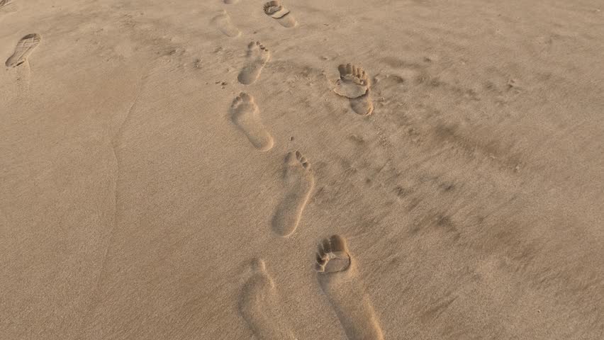 Human footprint in sand showing a natural walking step with heel, arch, and toes clearly visible. Imprint indicates forward movement, forming a trail along a beach or sandy shoreline.