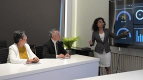 Business team meeting with presenter explaining data analytics dashboard on large screen. Charts, graphs, and performance metrics highlight corporate strategy, teamwork, and modern business intelligence. - Powered by Shutterstock - Get 15% off with code: PIKWIZARD15