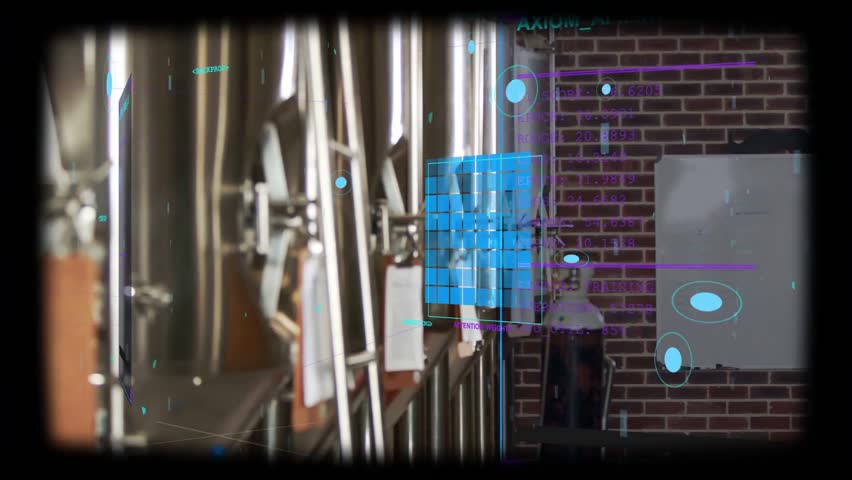 Camera panning right, tanks moving into focus in brewery, HUD centering over manway showing valves. Industrial, vessels, production, reflections, lighting, holographic, metallic
