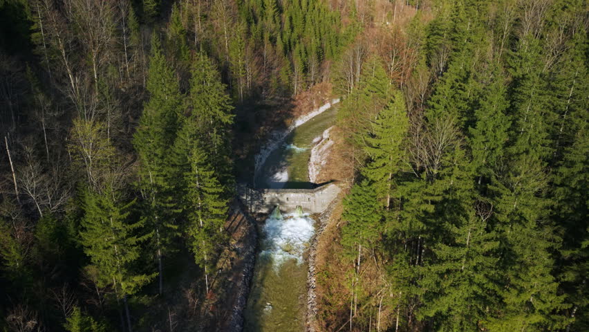 Aerial view of mountain river with stone dam in alpine forest, Austria