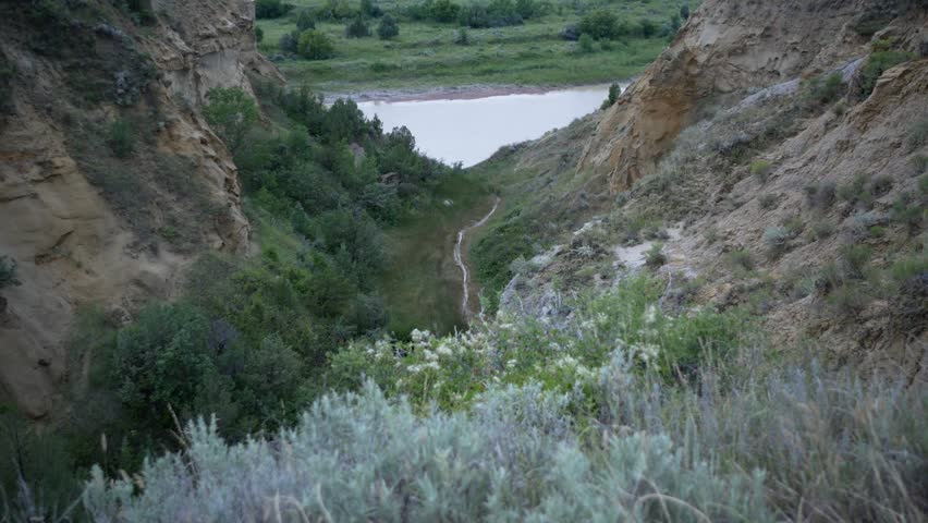 A slow tilt up on a view of the rugged badlands landscape in Theodore Roosevelt National Park, featuring layered rock formations, rolling hills, and scattered green vegetation beneath a soft, cloudy sky. The Little Missouri River winds through the terrain, adding depth and contrast to the scene. The natural textures and earthy tones highlight the dramatic erosion patterns typical of the North Dakota badlands.