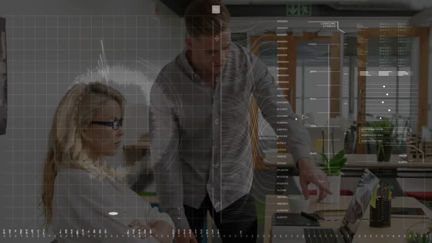 Man leaning and pointing at laptop woman touching keyboard HUD graphs animating for business review. Collaboration, office, coworking, computer, analytics, charts, workflow