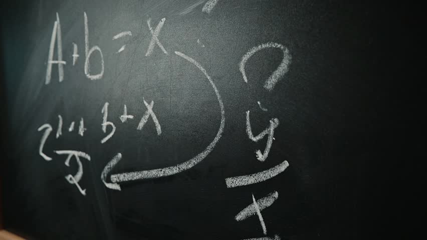 A hand is seen writing mathematical equations on a chalkboard in a classroom. The hand then wipes the chalkboard clean, leaving no trace of the previous writing.