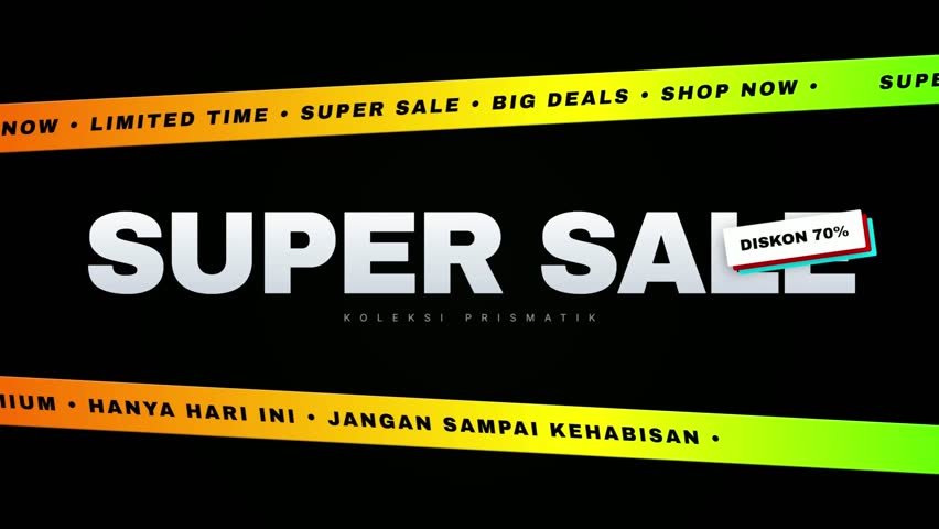 Large text "SUPER SALE" with "DISCOUNT 70%" badge, surrounded by sale promotion text on colorful banners, e-commerce advertising