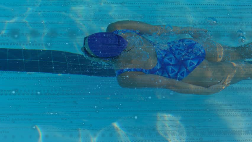 Swimmer ending glide along black lane, initiating pull, lifting head, breathing, training laps. Underwater, pool, bubbles, motion, athlete, streamlined, goggles