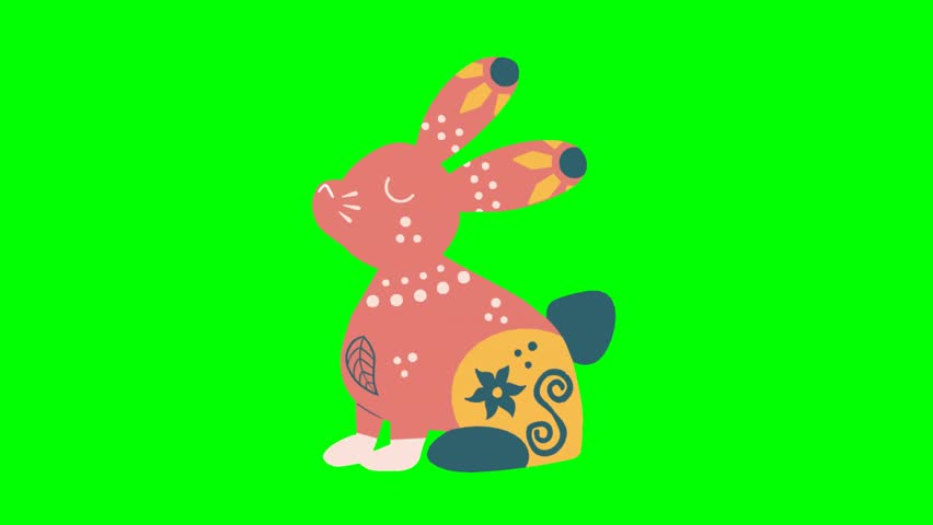Animated Scandinavian Style Pink Bunny Vector Illustration On Green Screen Video
