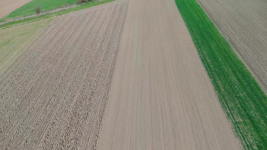 Aerial view of cultivated brown field bordered by vivid green crop strip. Clean agricultural composition in rural landscape.