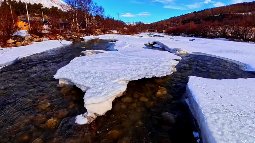 Frozen river surface with an open water channel cutting through snow and ice. Scenic early spring landscape in northern Europe.
