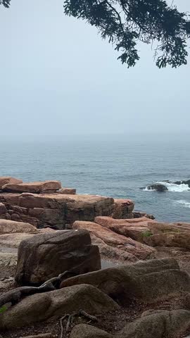 Granite Shoreline and Atlantic Waves Under Heavy Fog (Acadia National Park, Maine, USA)