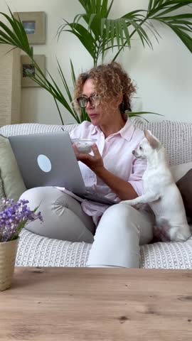 A relaxed woman with glasses and curly hair works from her comfortable sofa, enjoying the companionship of her loyal white Chihuahua as they both focus on the laptop screen.