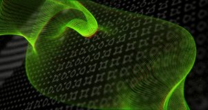 Sweeping glowing neon-green ribbon mesh twisting across dark void with binary grid, drifting specks. Abstract, digital, morphing, flow, luminescent, particles, matrix - Powered by Shutterstock - Get 15% off with code: PIKWIZARD15