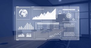 Transparent HUD animating charts and rows, gauge turning as slider advancing for boardroom review. Holographic, dashboard, data, visualization, analytics, futuristic, corporate - Powered by Shutterstock - Get 15% off with code: PIKWIZARD15