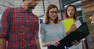 Team lead opening black folder, pointing, causing percent or pie overlay guiding team on sales metrics. Collaboration, discussion, analytics, graphs, dataviz, binder, colorful - Powered by Shutterstock - Get 15% off with code: PIKWIZARD15