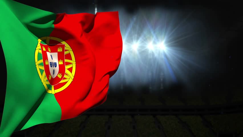HUD appearing while Portugal flag waving left side, displaying telemetry readouts under floodlights. Ensign, stadium, night, lensflare, overlay, panels, blue