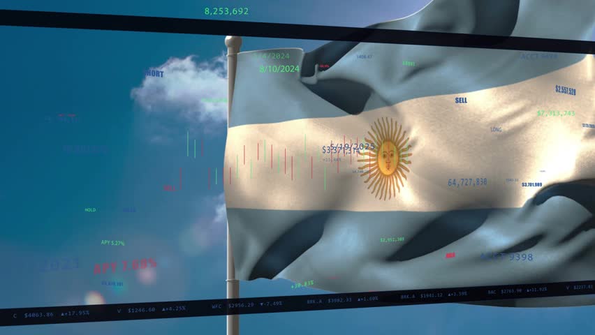 Wind gusts causing Argentina flag waving while candlestick overlay shifting, showing market swings. National, ensign, banner, sunburst, sky, clouds, breeze