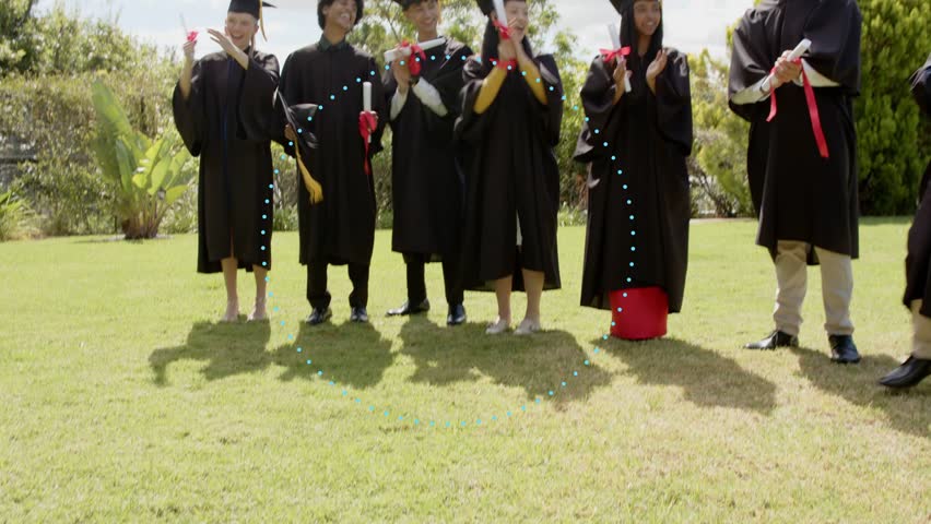 Grads clapping on lawn, one grad crossing causing cap toss, blue HUD Prompt Response, graduation. Graduates, celebration, regalia, mortarboard, diplomas, outdoor, grass