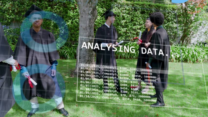 HUD appearing, analysing grad data, grads celebrating diplomas on lawn while blue bars overlapping. Students, caps, gowns, ceremony, campus, outdoor, celebration
