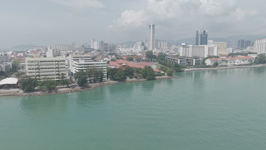Aerial daytime view of George Town UNESCO heritage zone and Komtar tower in Penang, Malaysia