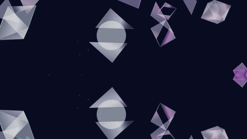 An abstract geometric design with a dark blue (navy) background that gives the impression of space depth or a digital dimension. The main elements consist of various shapes such as octahedrons (diamonds), triangles, and transparent circles arranged symmetrically.