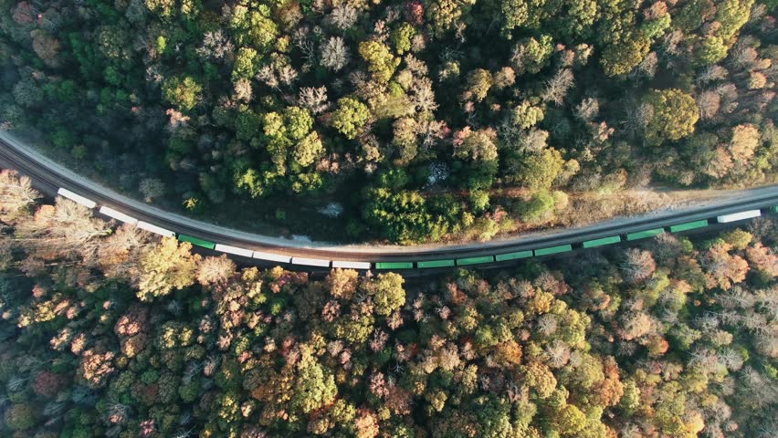 Top view of winding road passing through dense forest landscape.