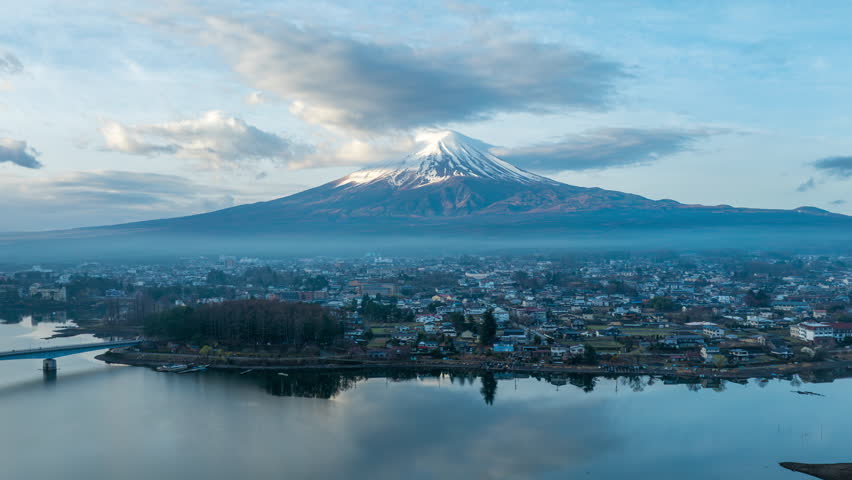 Aerial view of Fuji mountains and kawaguchiko lake in Japan.