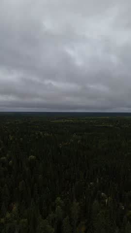Vertical aerial drone descending toward the horizon over Pisew Falls on the Grass River in northern Manitoba, Canada. Camera tilts down to reveal flowing waterfall, boreal forest, and fall foliage.