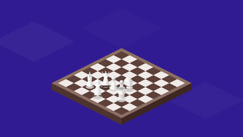 Isometric chess board with white pieces moving on blue background